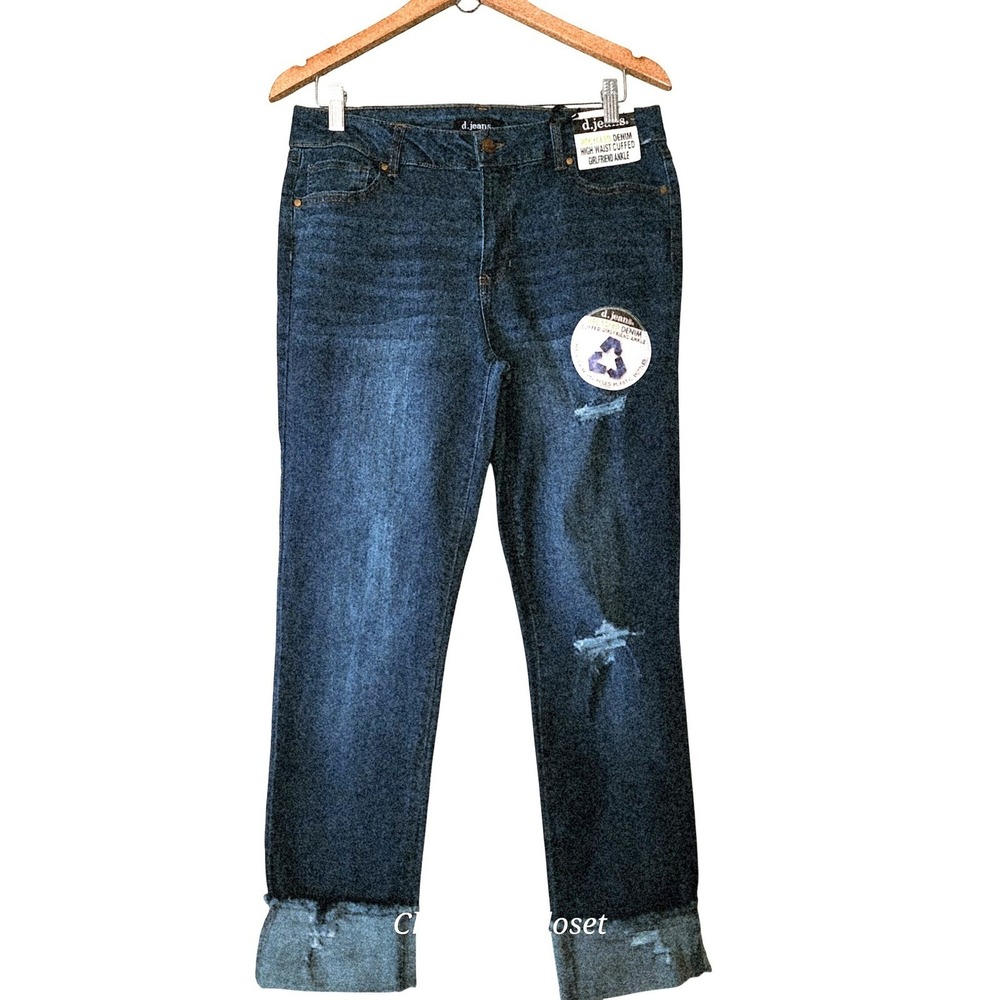 d. jeans Distressed Cuffed Girlfriend Jeans 10 NWT‎ Dark Wash Stretch Casual
